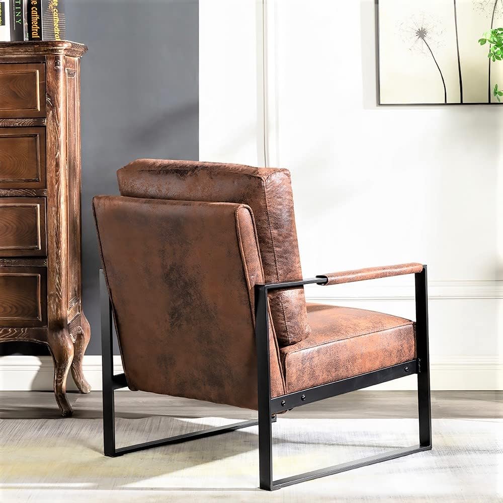 Container Furniture Classic Mid Century Modern Accent Chair with Durable Square Metal Frame, Armchair for Living Room, Bedroom, Home Office in Spotted Microfiber Upholstery, Brown