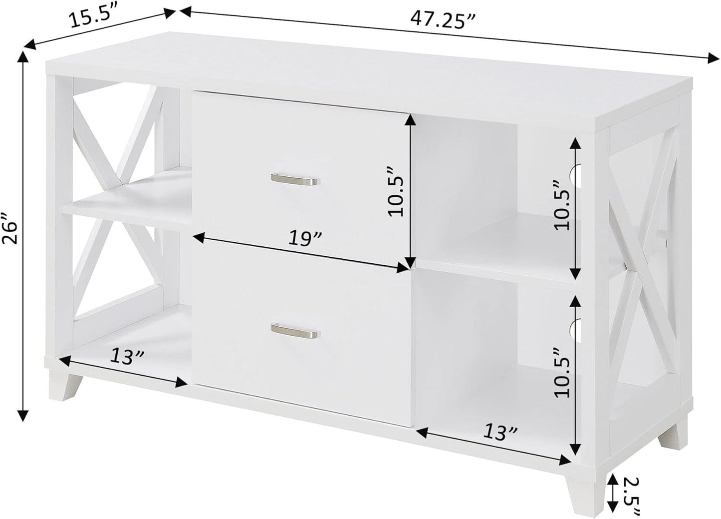 Convenience Concepts Oxford Deluxe 2 Drawer TV Stand with Shelves for TVs up to 55 Inches, White