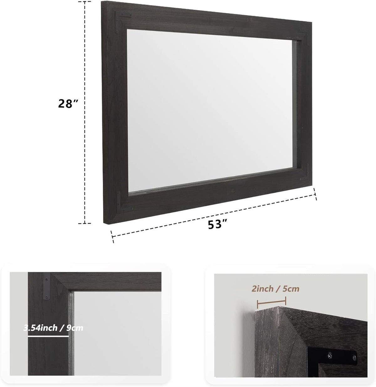 YOSHOOT Rustic Wooden Framed Wall Mirror, Natural Wood Bathroom Vanity Mirror for Farmhouse Decor, Vertical or Horizontal Hanging, 53" x 28", Black