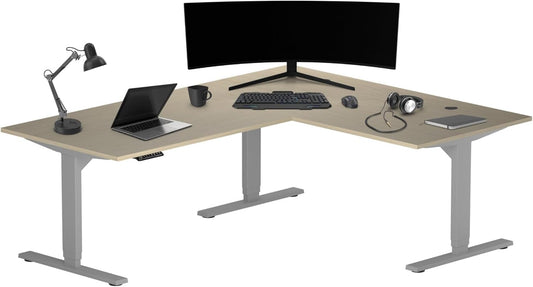 Progressive Desk Height Adjustable Computer Standing Desk - L Shaped 70" x 55" Corner Electric Stand Up Rising Workstation - Bright Beech, Gray Frame