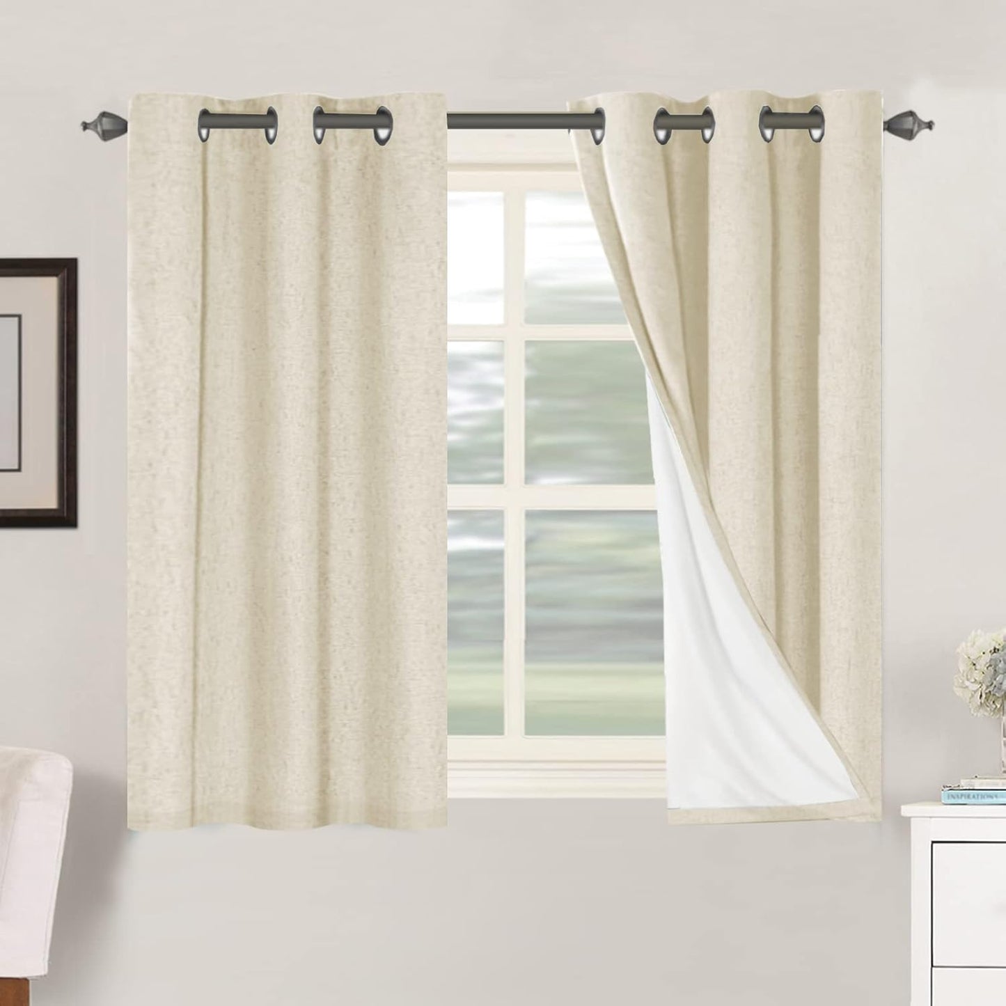 H.VERSAILTEX 100% Blackout Curtains for Bedroom Thermal Insulated Linen Textured Curtains Heat and Full Light Blocking Drapes Living Room Curtains 2 Panel Sets, 42x45 Inch, Bleached Sand