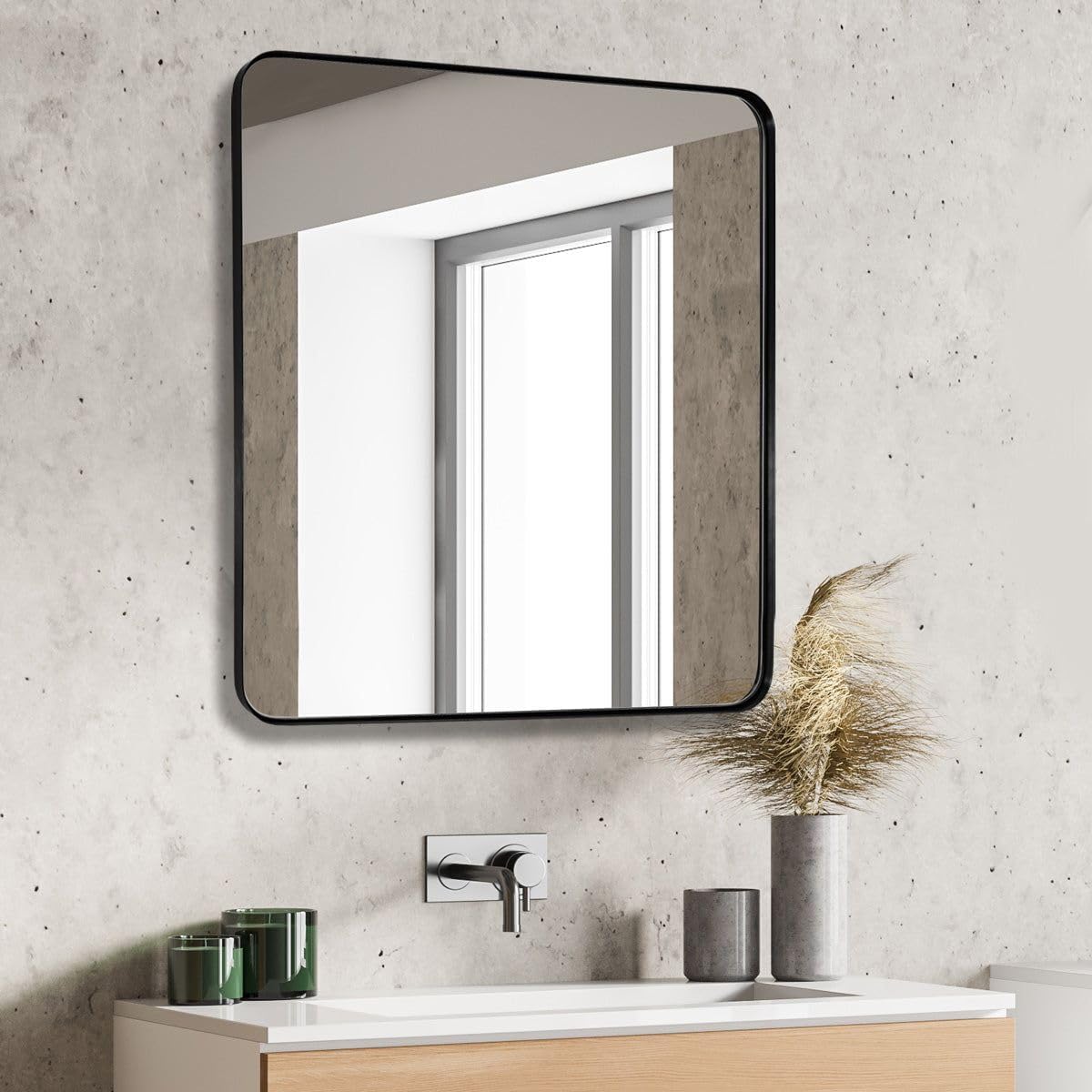 Black Bathroom Mirror 36X36 Inch, Black Metal Framed Mirror for Wall, Rounded Rectangle Matte Bathroom Vanity Mirror with Tempered Glass, Anti-Rust, Horizontal/Vertical