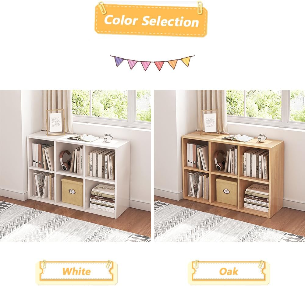 6 Cube Organizer Bookcase - Fabric Storage Bins Container, Open Shelf Simple Compartments Bookshelf, Oak