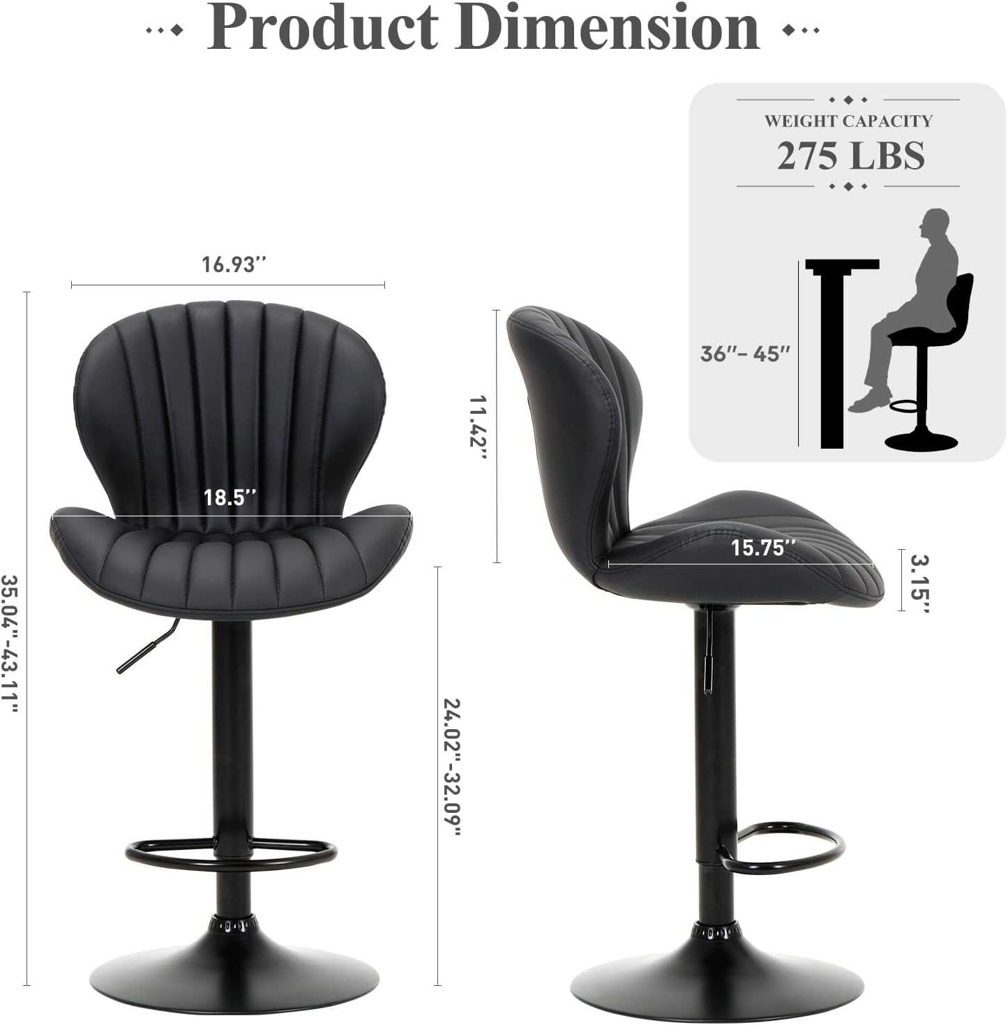 COLAMY Bar Stools Set of 2, Modern Swivel Bar Chairs, Adjustable Faux Leather Upholstered Barstools Counter Height with High Backrest for Bar, Kitchen Island, Dining Room, Black