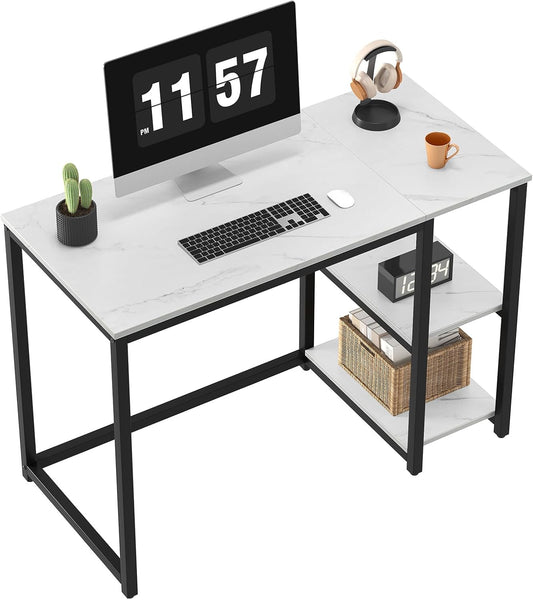 SINPAID Computer Desk 40 inches with 2-Tier Shelves Sturdy Home Office Desks with Large Storage Space Modern Gaming Desk Study Writing Laptop Table, Black Marbling (White Marble, 40 inch)