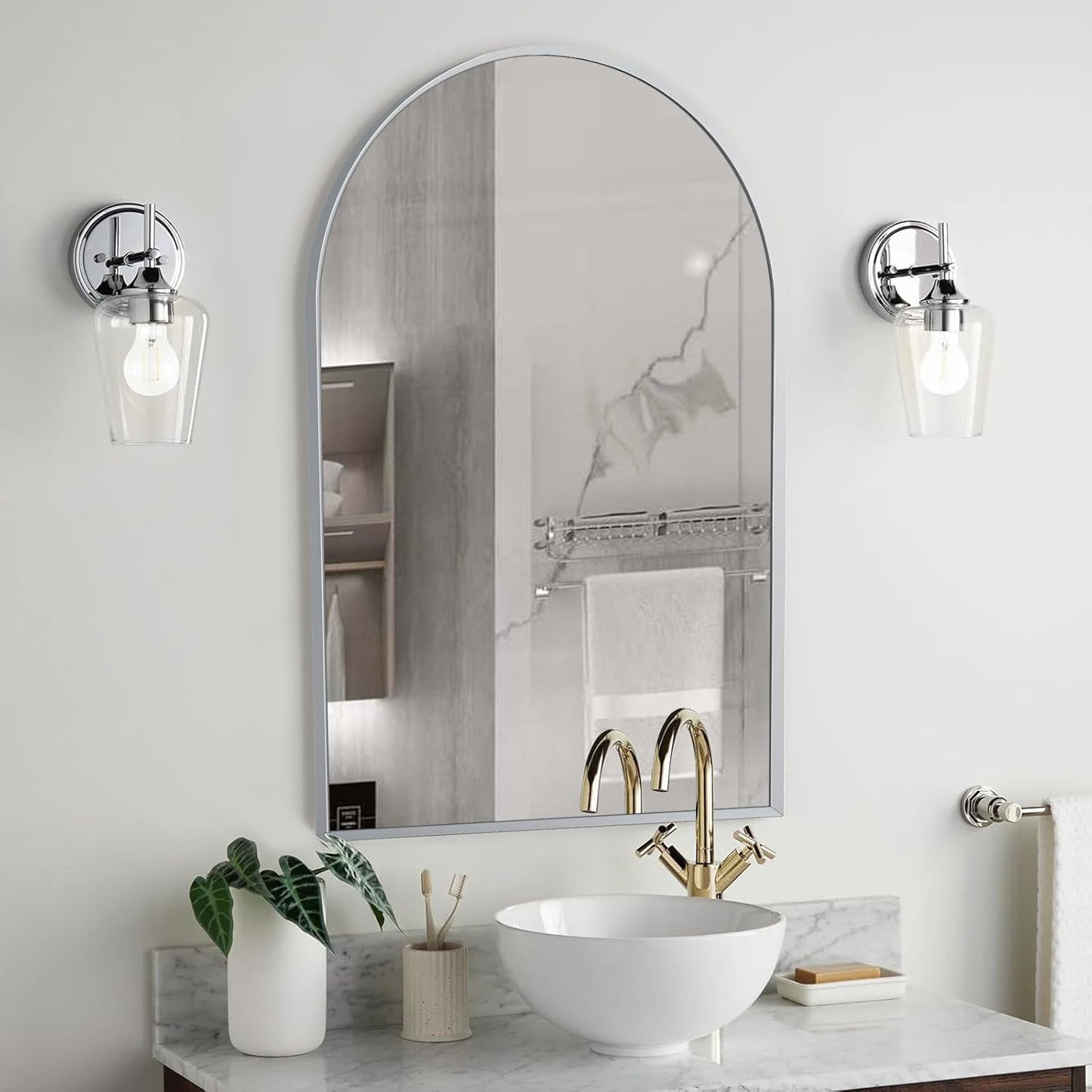 24" x 36" Silver Arched Mirror, Modern Aluminum Alloy Metal Frame, Arch Bathroom Vanity and Wall Decor Mirror for Bathroom, Living Room, Bedroom, Entryway