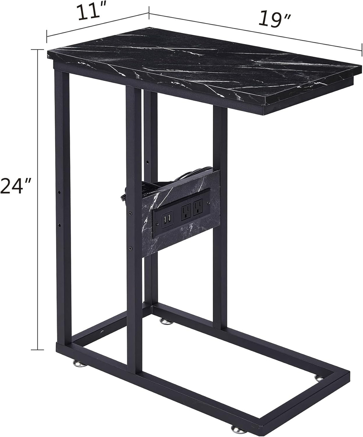 VECELO C Shaped End Side Table with Charging Station & Power Outlets for Couch Sofa/Bed Snack TV Tray with Metal Frame for Living Room Bedroom 1 Set, Black Marble