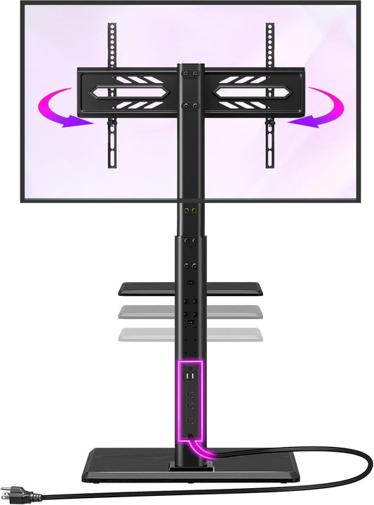 Greenstell TV Stand with Power Outlet & AV Shelf, Universal Floor TV Stand for 32-75 inch TV, Swivel Tall TV Mount Stand, Holds up to 110 LBs,Height Adjustable and Wood Base, Max VESA 600x400mm,Black