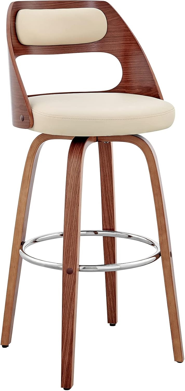Armen Living Julius Mid Century Modern Swivel Bar Stool for Kitchen Island Counter in Cream Faux Leather and Walnut Wood, 26" Seat Height