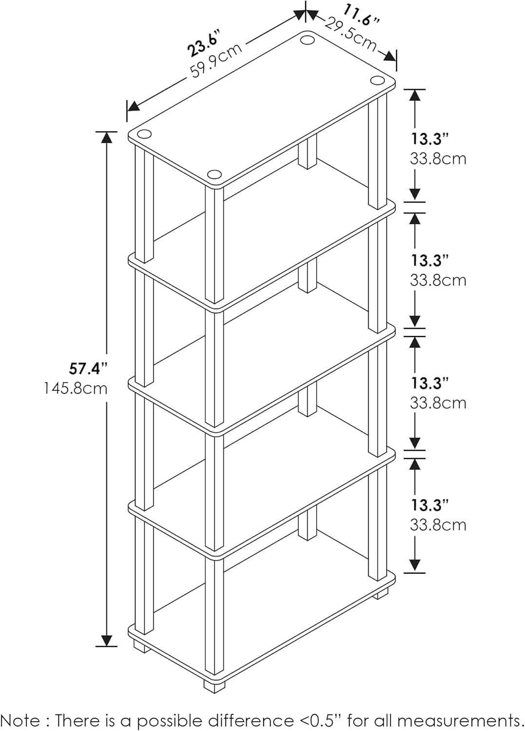 Furinno Turn-N-Tube 5-Tier Multipurpose Shelf / Display Rack / Storage Shelf / Bookshelf, Square Tubes, Beech/White