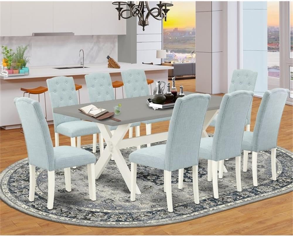East West Furniture X097CE215-9 9 Piece Kitchen Table Set Includes a Rectangle Dining Table with X-Legs and 8 Baby Blue Linen Fabric Parson Dining Room Chairs, 40x72 Inch, Multi-Color