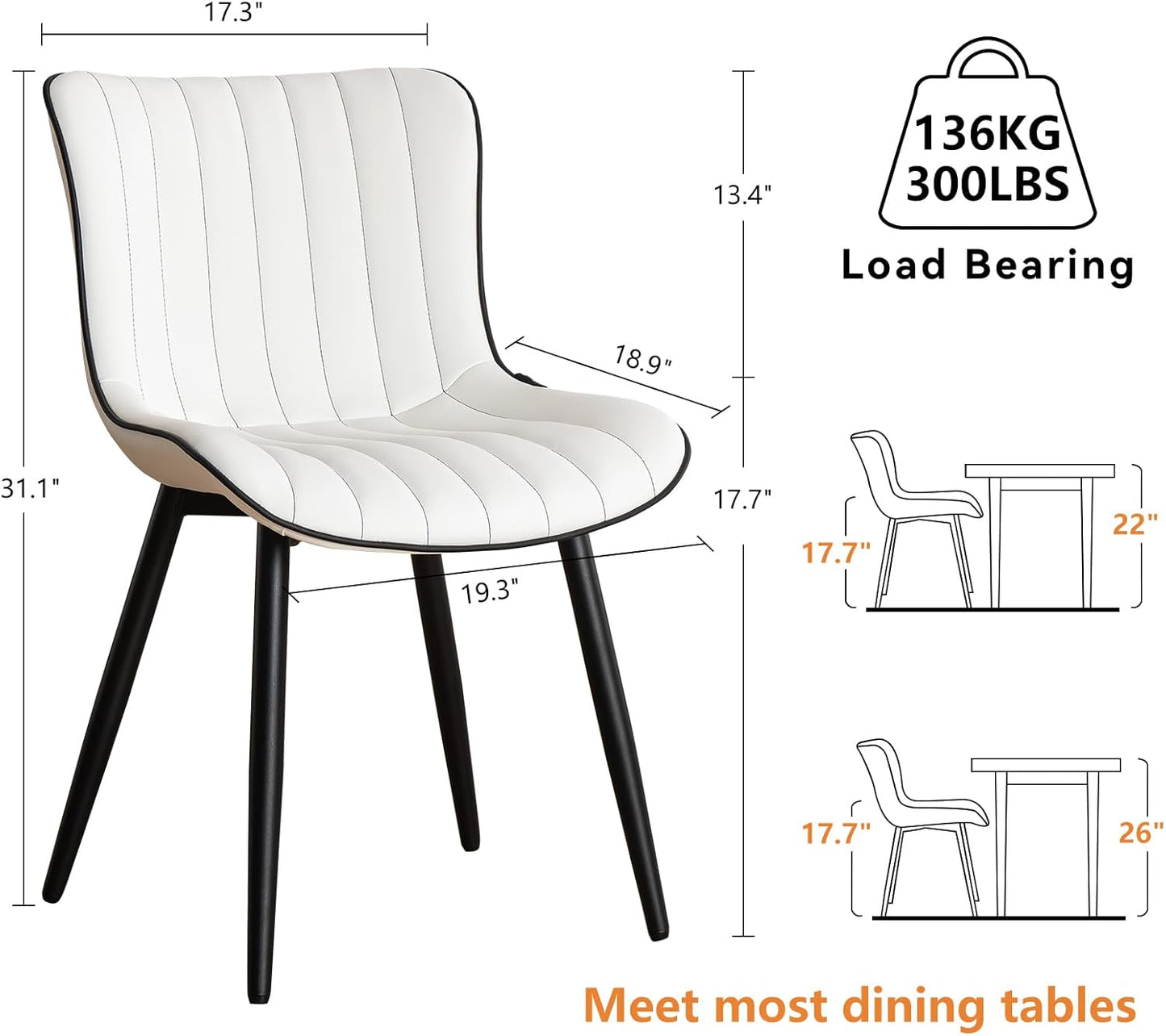 YOUNUOKE Mid-Century Modern Dining Chairs Set of 2, White PU Leather Upholstered Kitchen Chairs with Black Metal Legs, Armless Accent Chair for Dining Room, Guest Reception Room