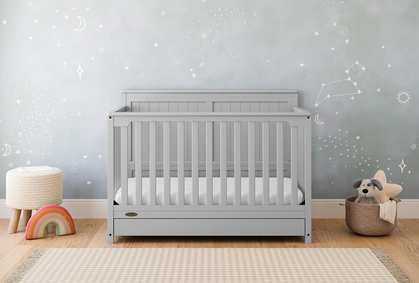 Graco Hadley 5-in-1 Convertible Crib with Drawer (Pebble Gray) – GREENGUARD Gold Certified, Crib with Drawer Combo, Full-Size Nursery Storage Drawer, Converts to Toddler Bed, Daybed