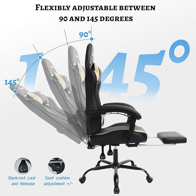 Ergonomic Gaming Chair with Footrest and Lumbar Massage, Racing Office Chair, High Back Computer Desk Chair with Headrest Pillow for Adults, Video Game Chair for PC Gamer (1001-Beige)