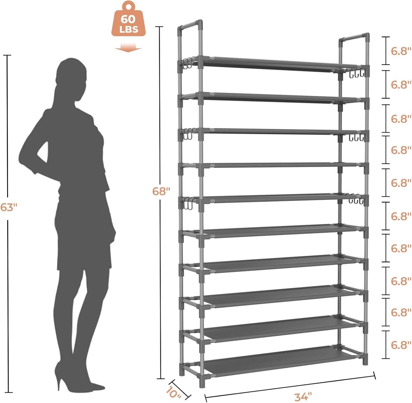 Tall Shoe Rack 10 Tier Shoe Organizer Large Shoe Shelf with 18 Hooks Storage for 50 Pair Sneaker and Boot, Stackable Vertical Shoe Rack Organizer for Closet, Entryway, Bedroom, Grey