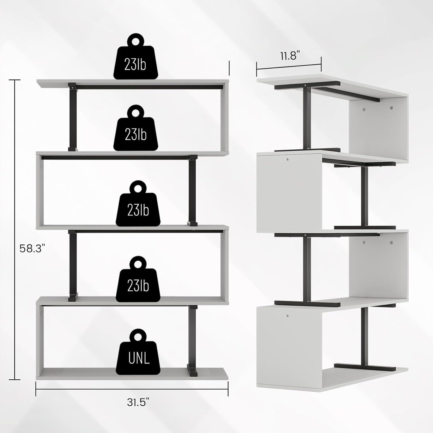 5-Tier Geometric Bookshelf, S Shaped Bookcase, 31.5" W x 58.3" H Wood Decorative Storage Shelving, Modern Freestanding Display Shelves, Tall Book Shelf Unit for Living Room Bedroom