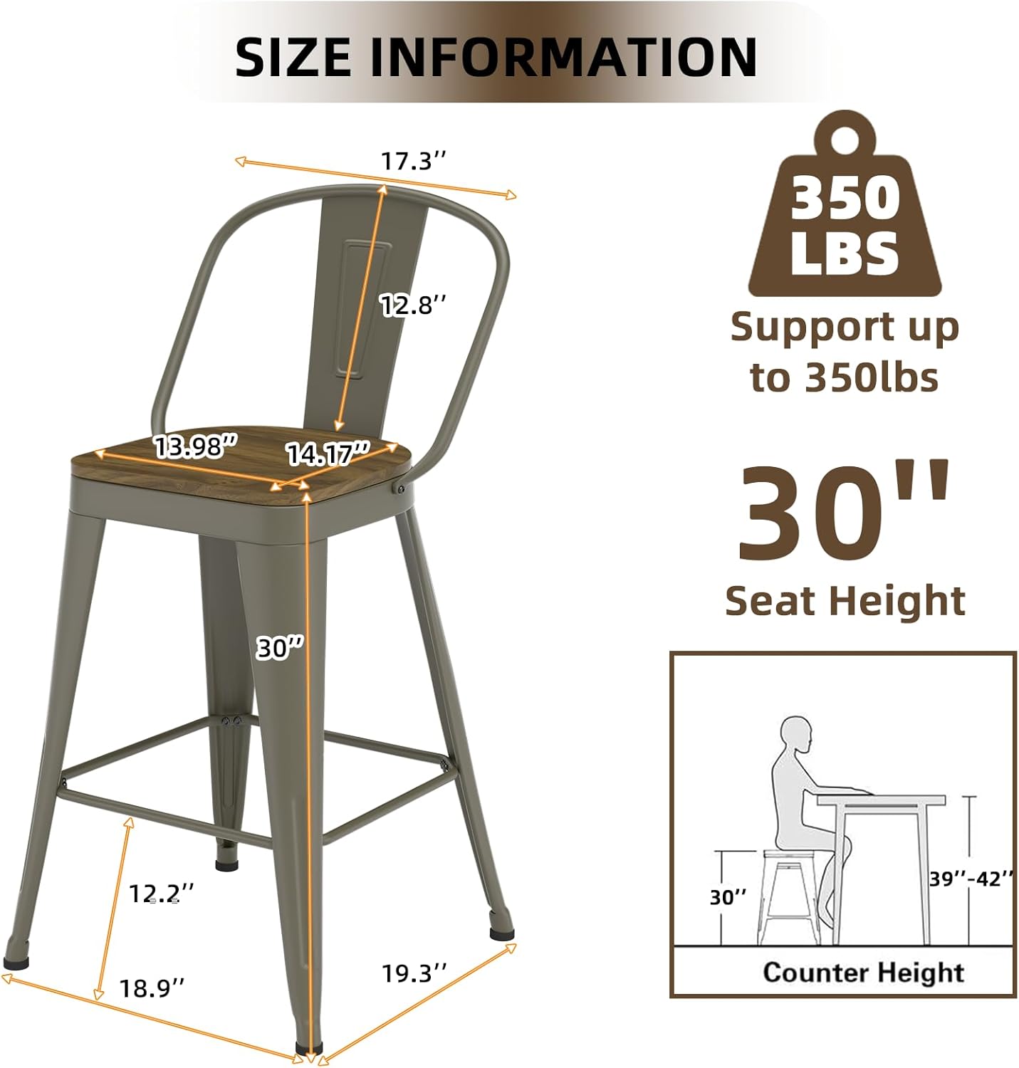 Metal Bar Stools Set of 4, High Back Bar Stools with Wooden Seat, 30 inch Rusty Barstools for Kitchen Island