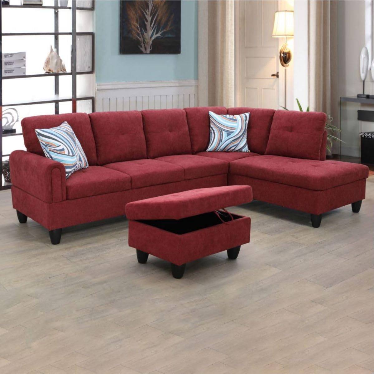 Red L-Shaped 3-Piece Flannel Sofa with Storage Ottoman Set, Sectional Couch Sofa Set for Living Room, Office, Small Space