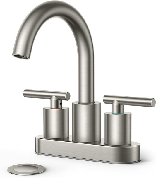 FORIOUS Brushed Nickel Bathroom Faucet 2 Hole, 4 Inch Centerset Bathroom Sink Faucet Brushed Nickel with Metal Dain, 24" CUPC Hoses, 360° Swivel Gooseneck for RV Basin