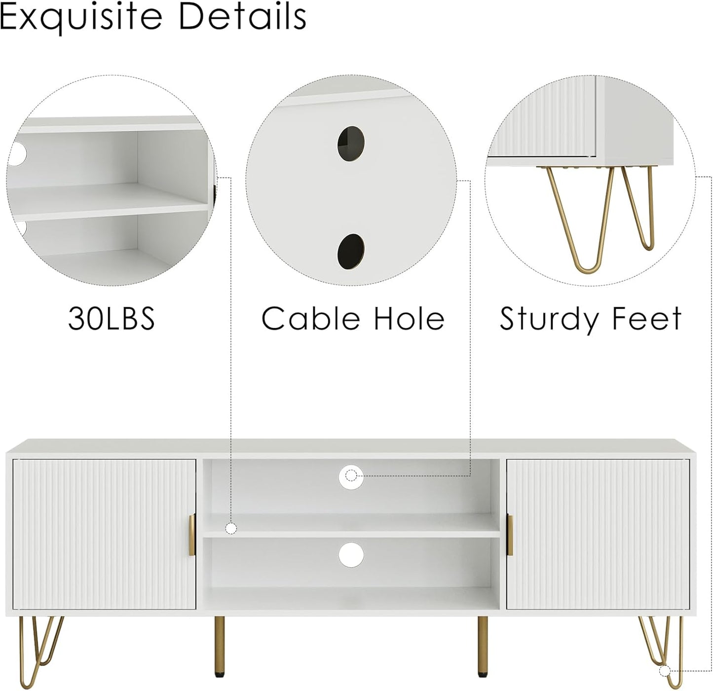 TV Stand for 55 65-inch TV, Entertainment Center with Soft Hinge Door,TV Console Table with 2 Cabinets with Gold Handle and Feet,for Living Room, Bedroom, White