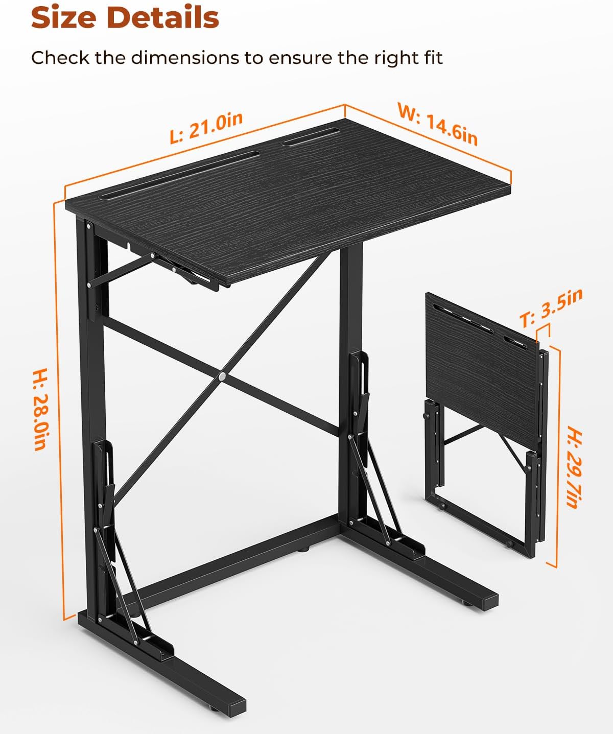 21''Wx28''H Folding TV Tray Set of 2, Small Foldable C-Shaped Tray Table for Eating with Tablet and Phone Slots, Slide Under Couch Side Table for Recliner, Living Room, Bedroom, Black