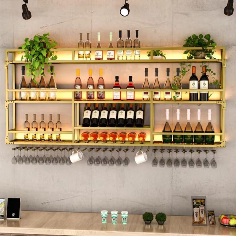 Metal Wall-Mounted Wine Rack with LED Light - 3 Tier Wine Storage Display Rack with Glass Holder - Space-Saving Bottle Display Shelf for Home Bars, Dining Rooms(Gold, 79in/200cm)