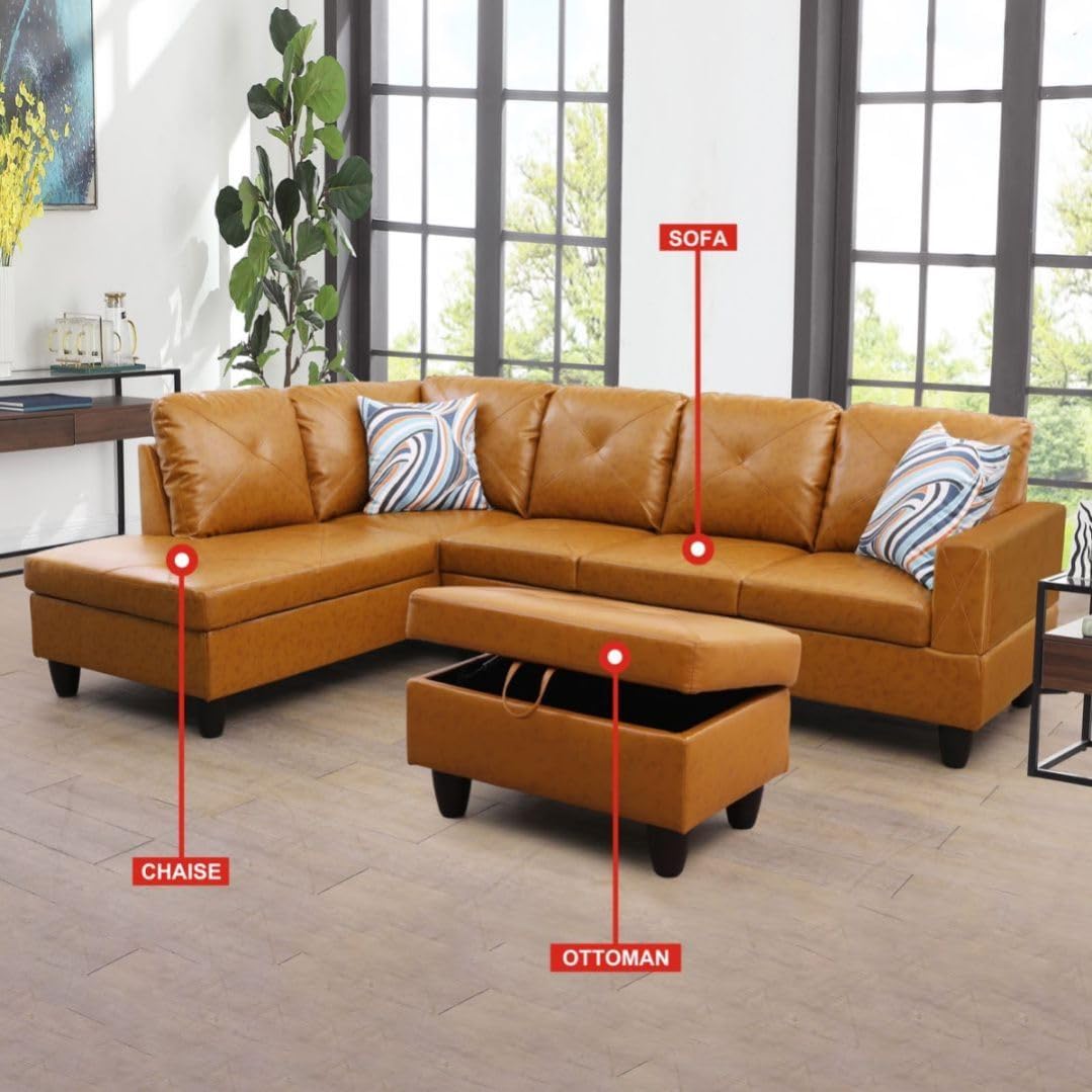 Ginger L-Shaped 3-Piece Faux Leather Sofa with Storage Ottoman Set, Sectional Couch Sofa Set for Living Room, Office, Small Space