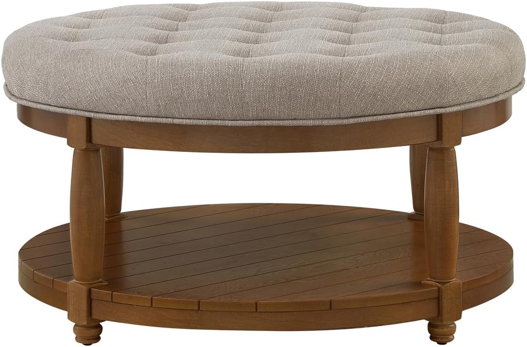 24KF Upholstered Round Coffee Table with Wooden Shelf, Tufted Button Large Round Ottoman with Spindle Wooden Legs, Linen Large Footrest Ottoman Pouf for Living Room, Linen