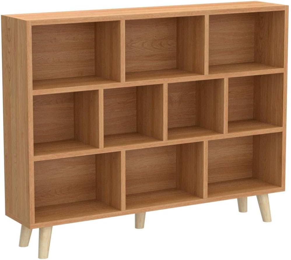 IOTXY Wooden Open Shelf Bookcase - 3-Tier Floor Standing Display Cabinet Rack with Legs, 10 Cubes Bookshelf, Pear Yellow
