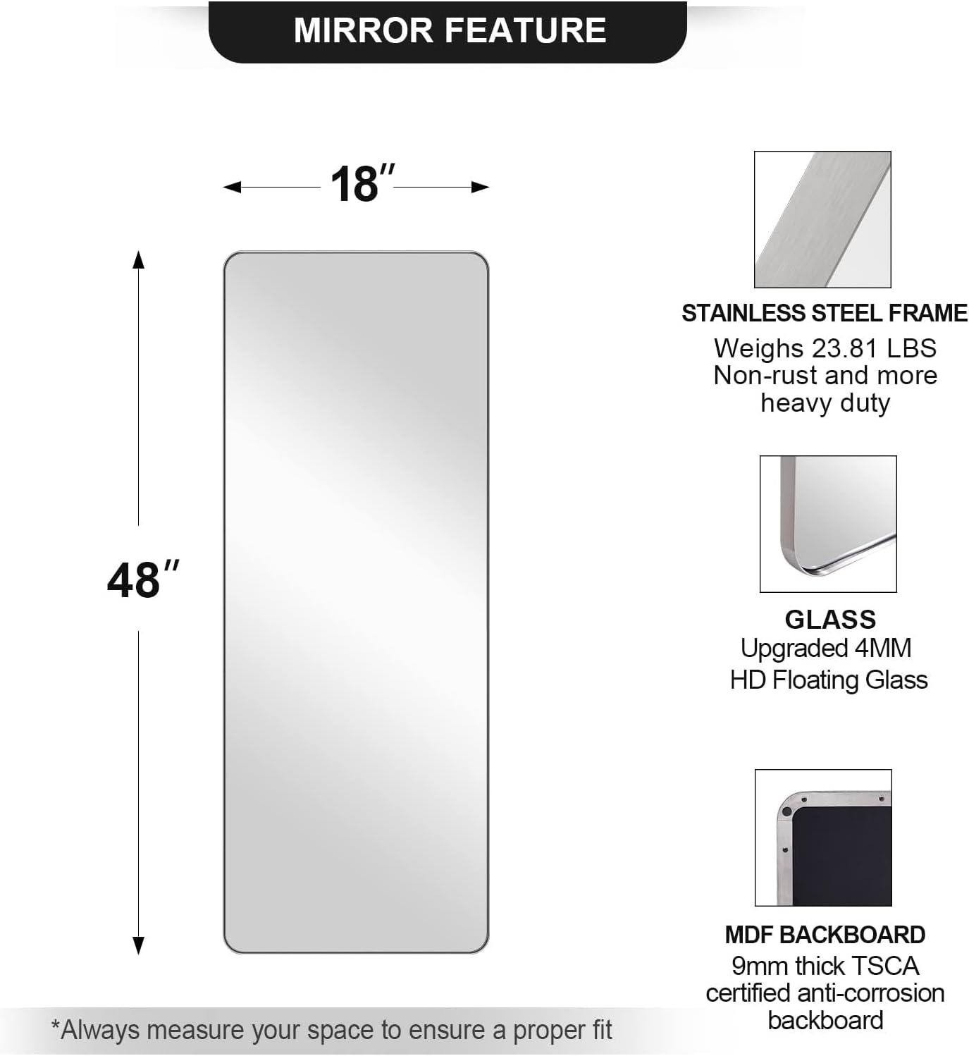 ANDY STAR 18" x 48" Full Length Wall Mirror, Large Polished Chrome Mirror for Bathroom, Rounded Corner Rectangle Body for Floor and Leaning
