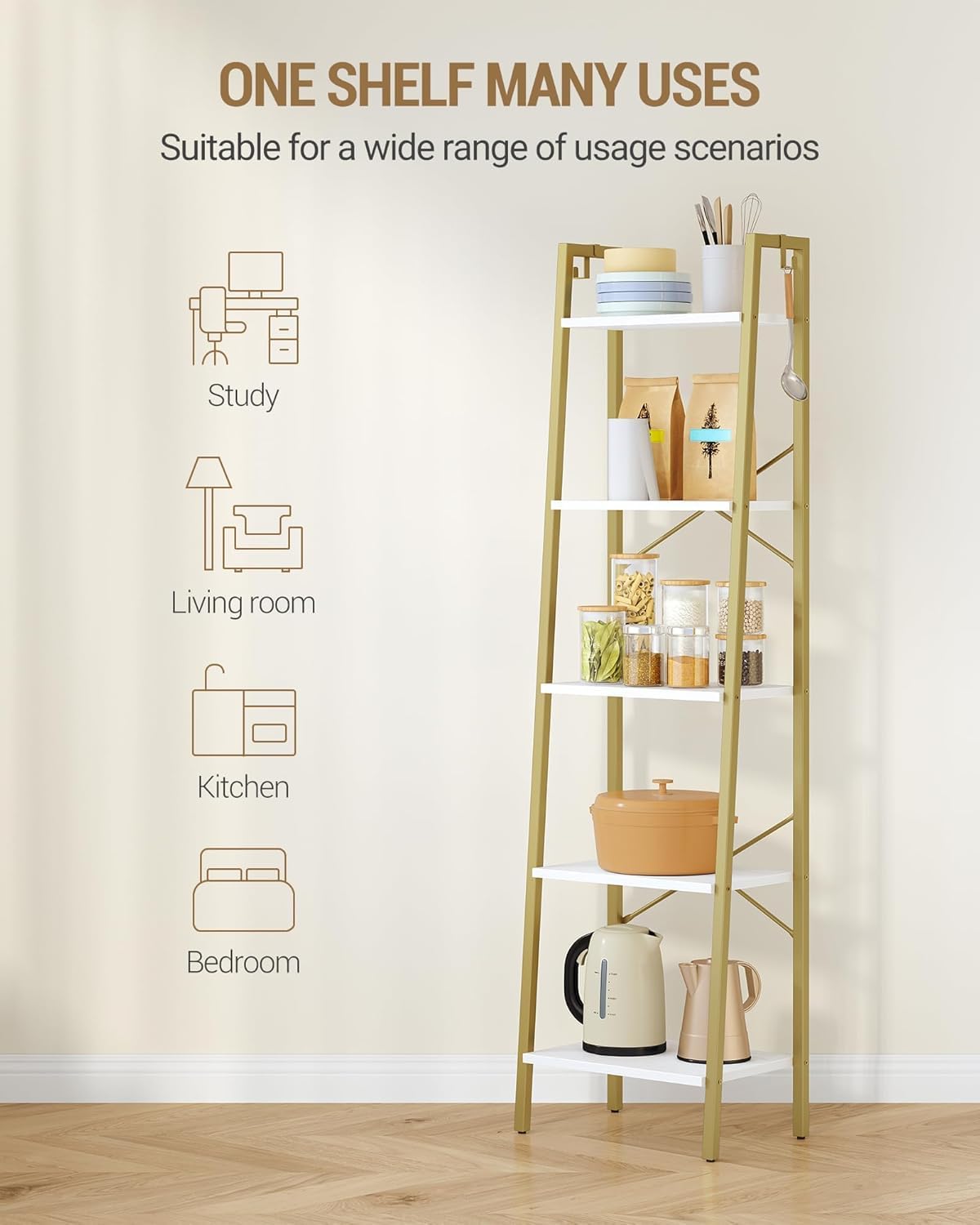Ladder Shelf, Bookshelf Bookcase, Freestanding Corner Storage Shelve with 2 Hooks for Home Office, Living Room, Kitchen, Bedroom, Industrial, 5-Tier White Gold BC19213G