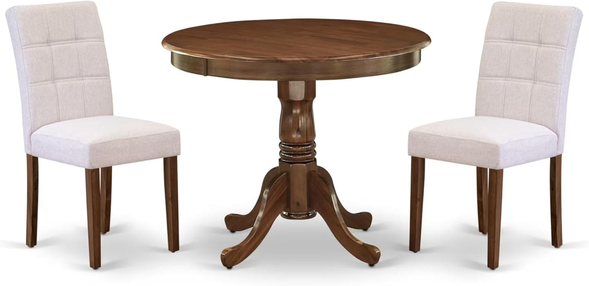 East West Furniture ANAS3-AWA-08 3 Piece Kitchen Dining Table Set contain A Modern Table and 2 Mist Beige Polyester Fabric Upholstered Dining Chairs, Antique Walnut