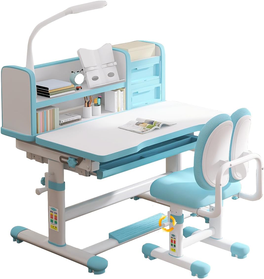 Kids Desk and Chair Set 3-18 Years Ergonomic Height Adjustable Children School Study Desk with Tilt Desktop, Drawer Boy and Girl Table and Chair Set 3 Modes Light