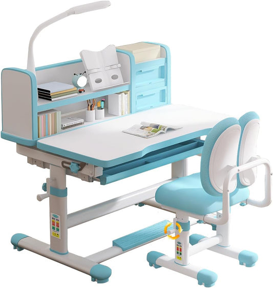 Kids Desk and Chair Set 3-18 Years Ergonomic Height Adjustable Children School Study Desk with Tilt Desktop, Drawer Boy and Girl Table and Chair Set 3 Modes Light