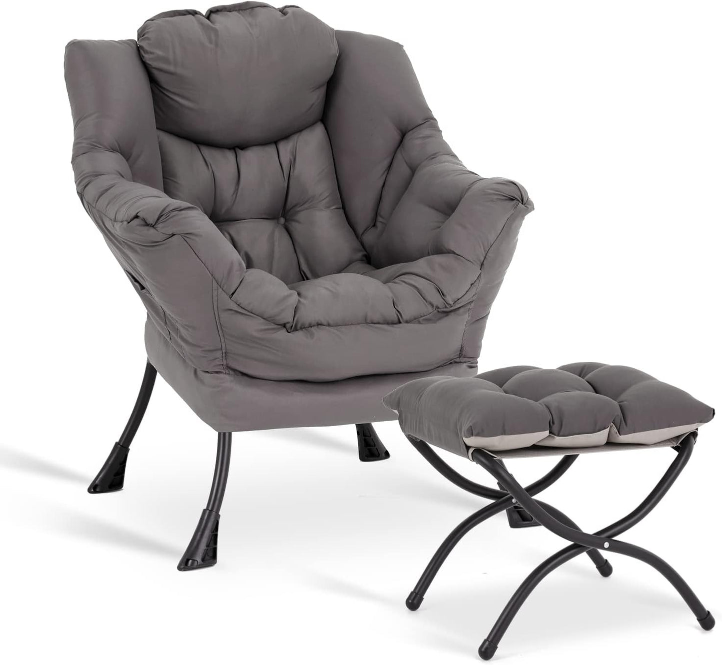 LITA Lazy Chair with Ottoman, Modern Accent Leisure Upholstered Lazy Sofa Armchair, Contemporary Lounge Reading Chair with Armrests and a Side Pocket for Living Room, Bedroom & Small Space, Dark Grey
