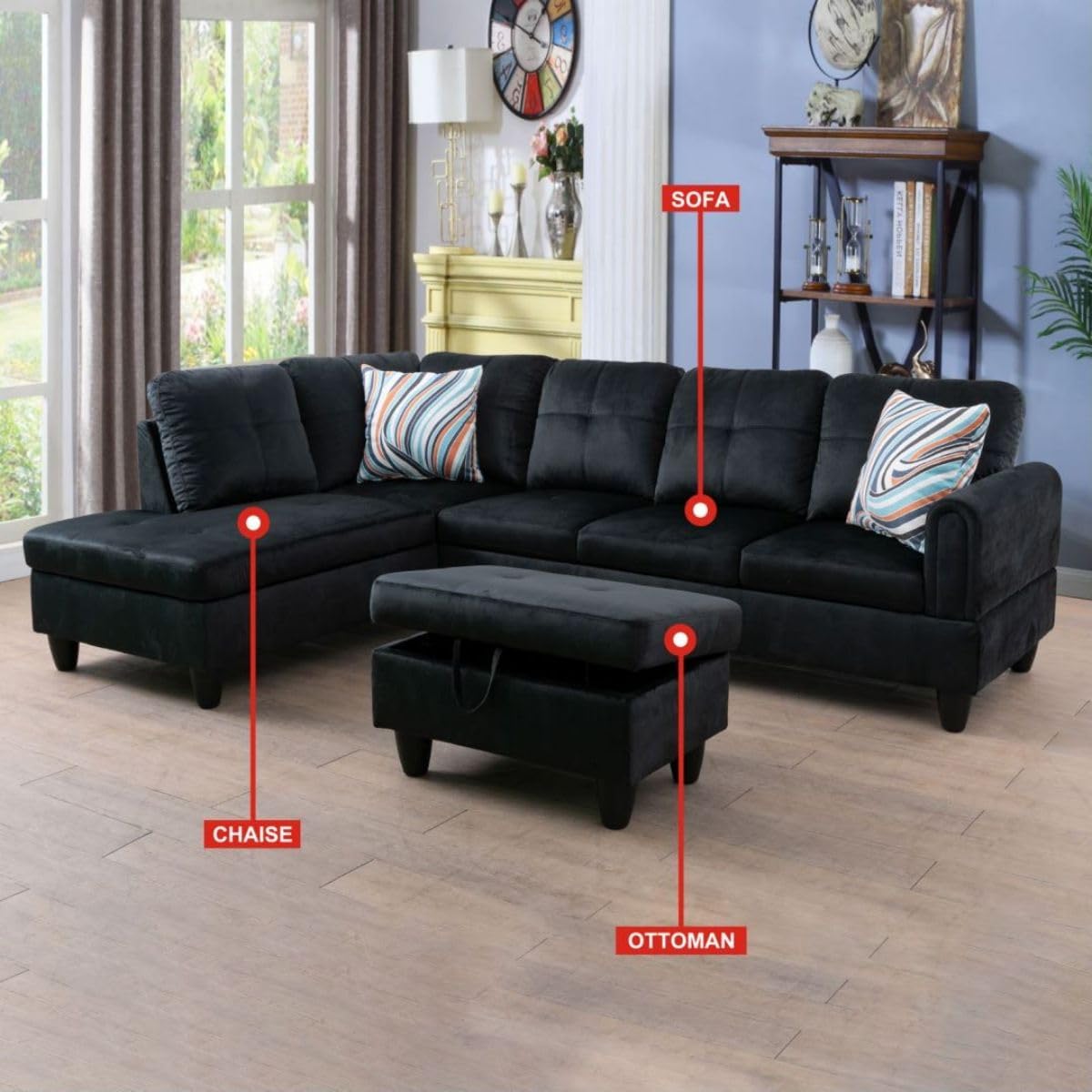 Black L-Shaped 3-Piece Flannel Sofa with Storage Ottoman Set, Sectional Couch Sofa Set for Living Room, Office, Small Space