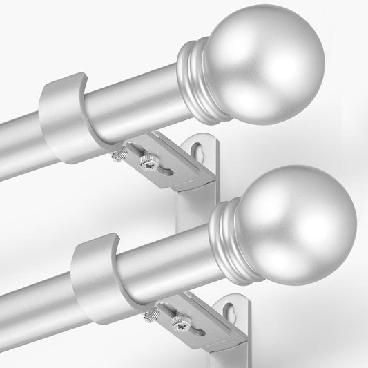 Curtain Rods for Windows 16 to 48 Inches, Curtain Rod Max Adjustable Length of 60 IN, 6/8" Diameter Drapery Rods Round Finials, Satin Silver, Pack of 2