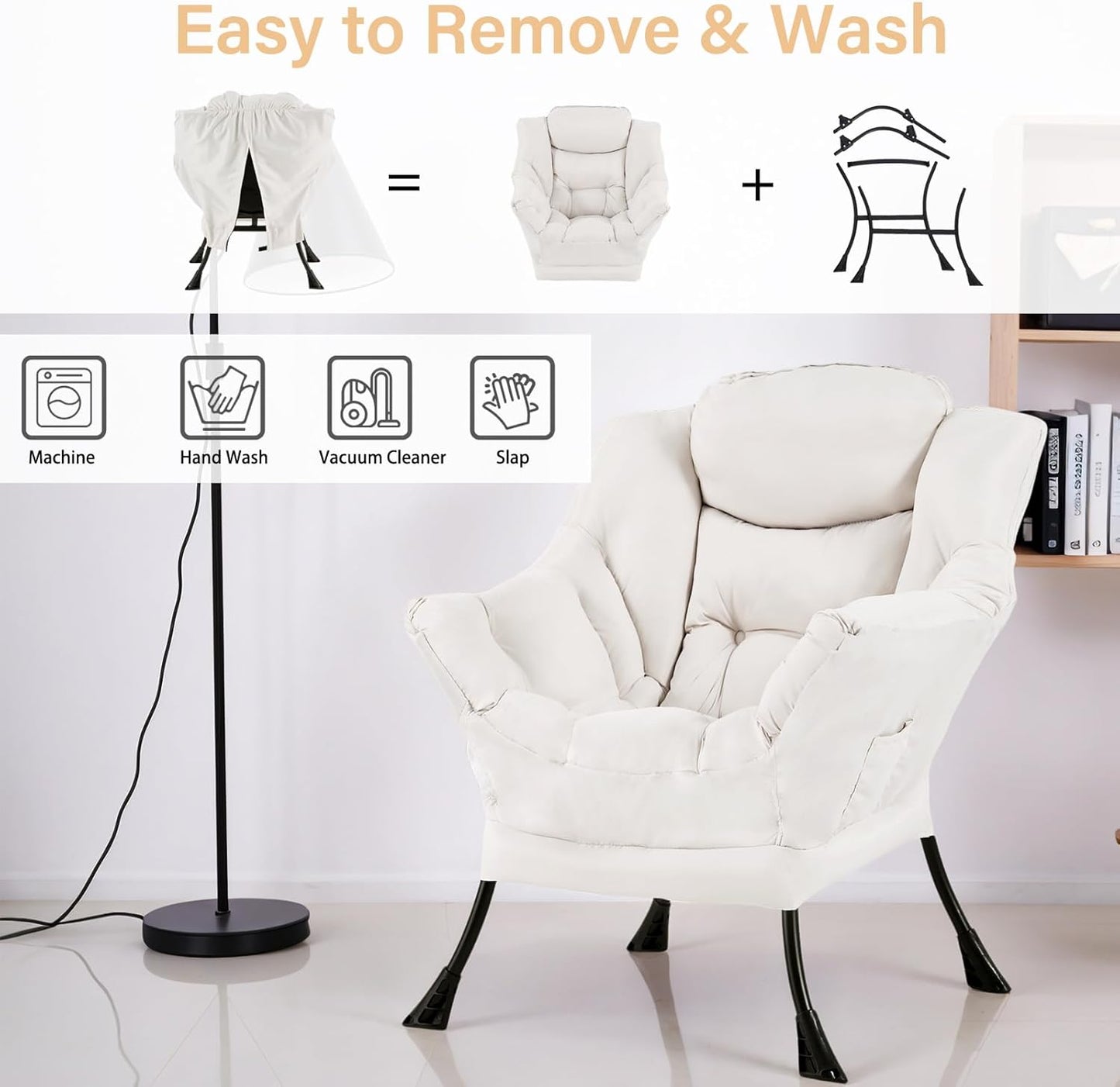 Lazy Chair for Living Room, Modern Accent Chairs with Armrests, Comfy Lounge Chair with Side Pocket, Cozy Lazy Sofa for Reading, Balcony, Bedroom, Dorm, Small Spaces (Beige)