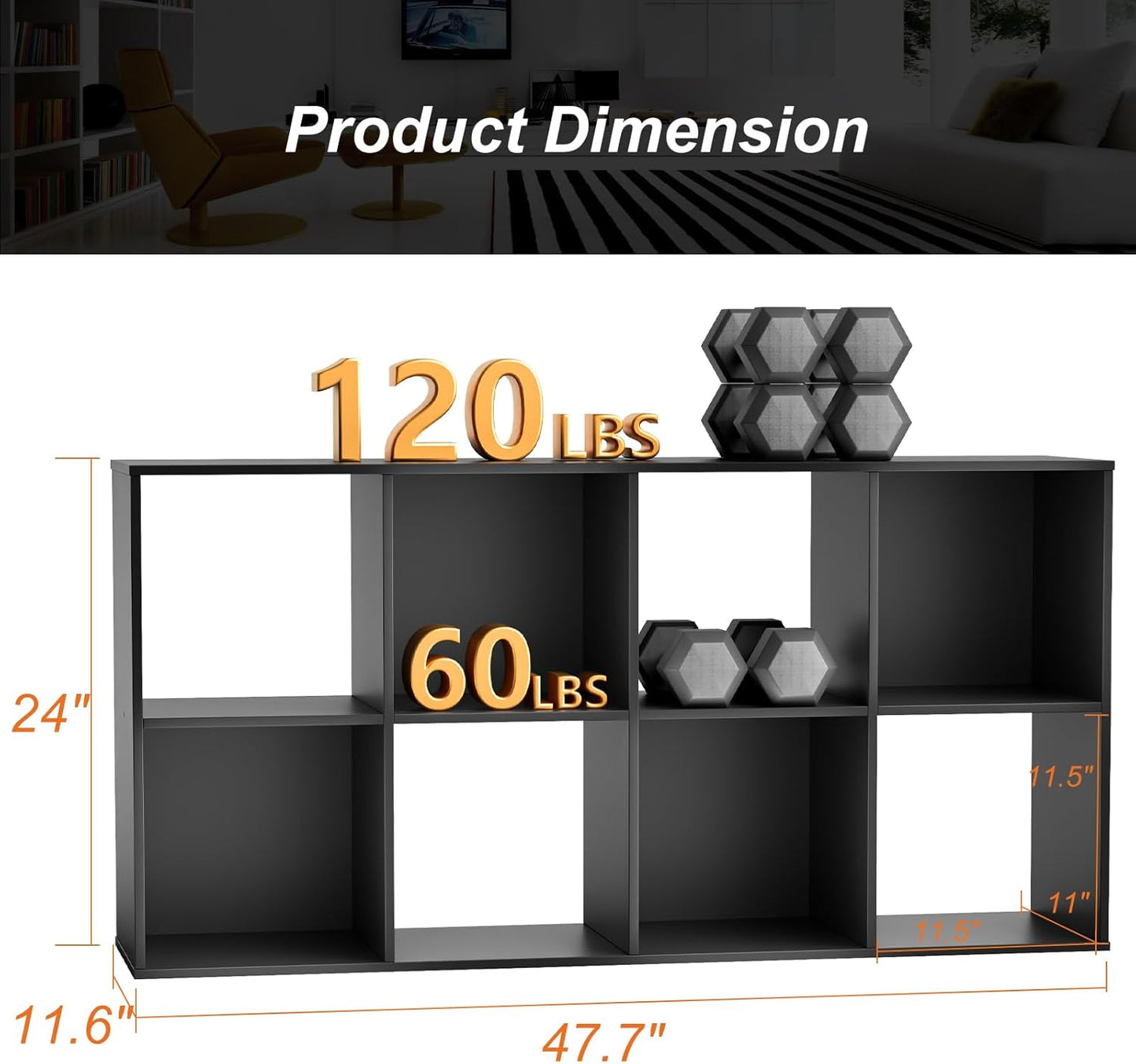 Sweetcrispy 8 Cube Storage Organizer - Open Cube Bookshelf with 4 Removable Back Panels, Display Storage Bookcase for Living Room, Bedroom, Entrance Hall, Home Office，47.7" L×11.6" W×24" H, Black