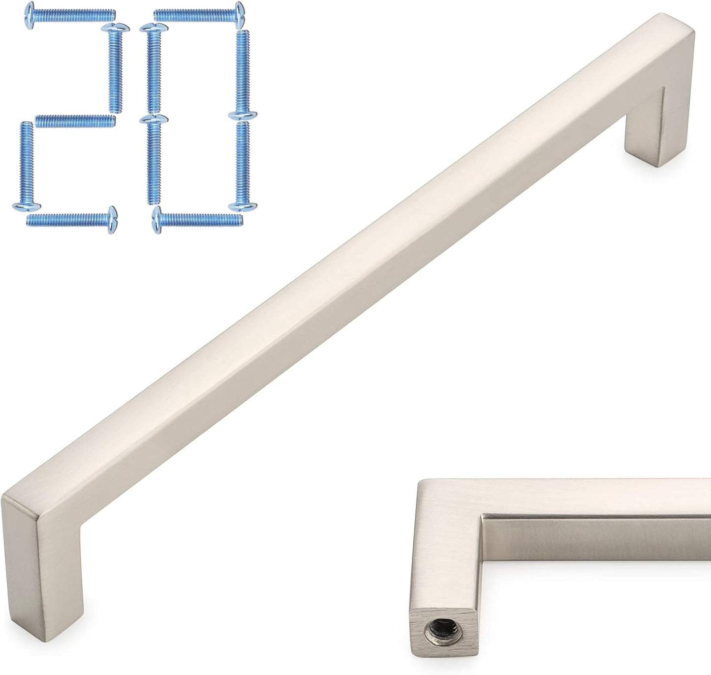 KOOFIZO 20-Pack Solid Square Bar Cabinet Handle - Brushed Nickel Furniture Pull, 6.3 Inch/160mm Screwhole Distance for Kitchen Cupboard Door, Bedroom Dresser Drawer, Bathroom Wardrobe Hardware