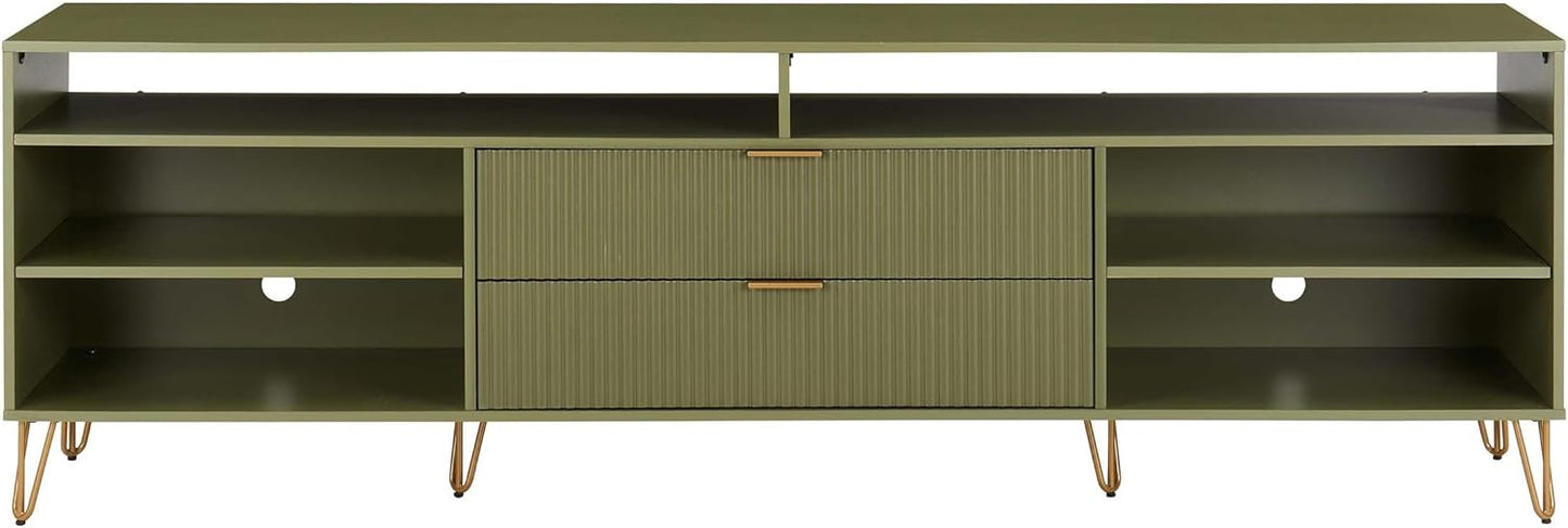 Manhattan Comfort Dumbo Mid Century Modern TV Stand for Televisions up to 80 Inches, Home Entertainment Center with Storage, 6 Shelves, 2 Drawers, No Tool Assembly, 85" Wide, Olive Green