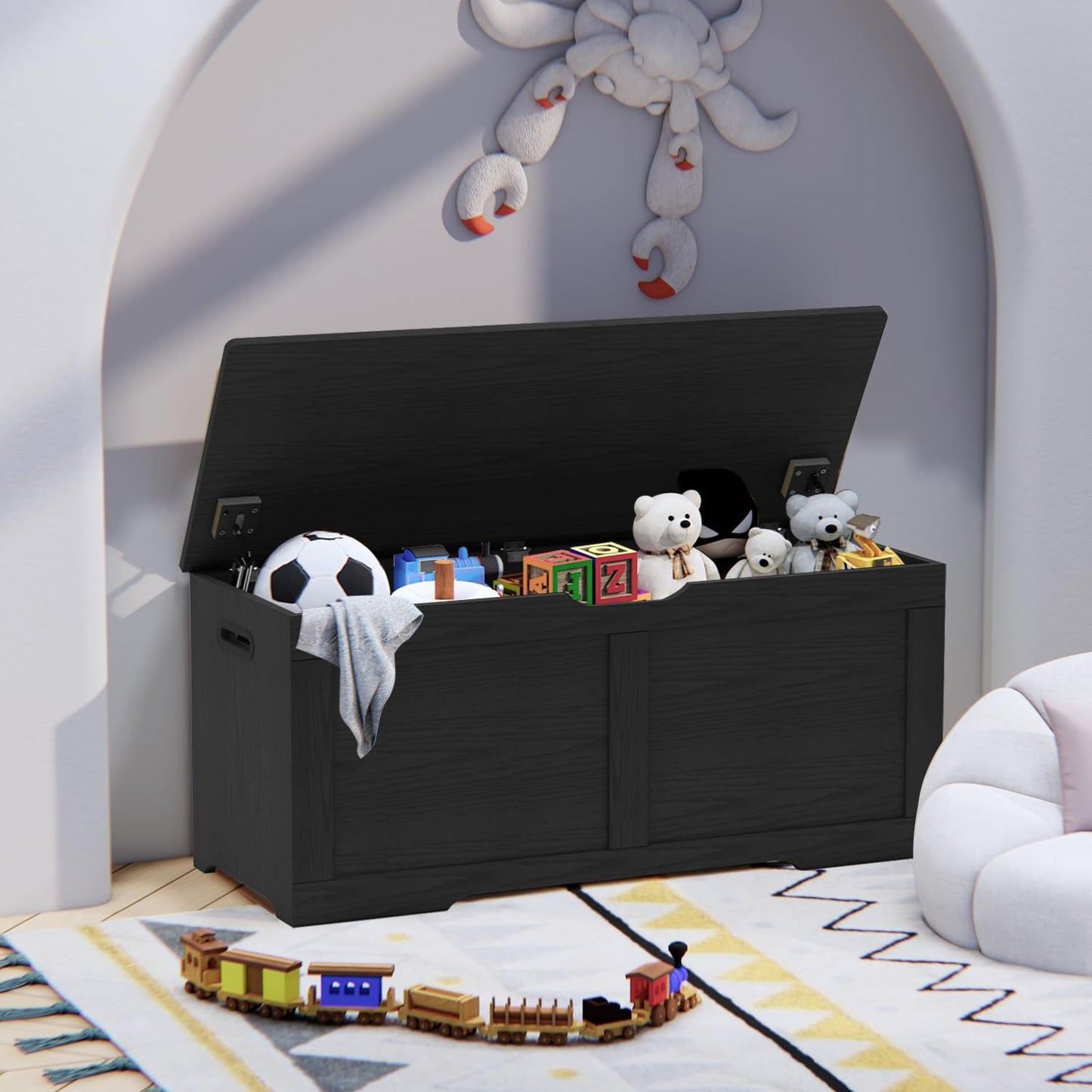 39.4" Storage Chest, Wooden Storage Bench, Lift Top Toy Chest with 2 Safety Hinges, Large Toy Box, Entryway Bench for Living Room, Bedroom, Black