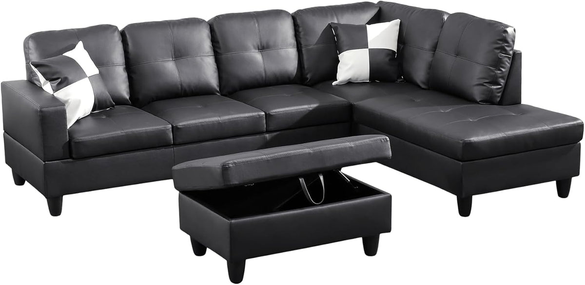 Couches for Living Room Faux Leather L Shaped Couch Comfy 3 Pieces Sectional Sofa with Chaise, Ottoman with Storage for Office and Small Apartment, Black