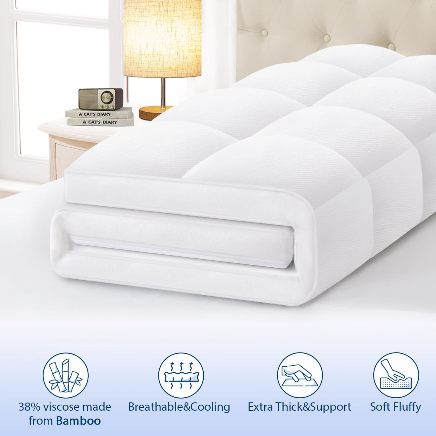 ELEMUSE California King Cooling Bamboo Viscose Mattress Topper for Back Pain, Extra Thick Mattress Pad Cover, Plush Soft Pillowtop with Elastic Deep Pocket, Overfilled Down Alternative Filling