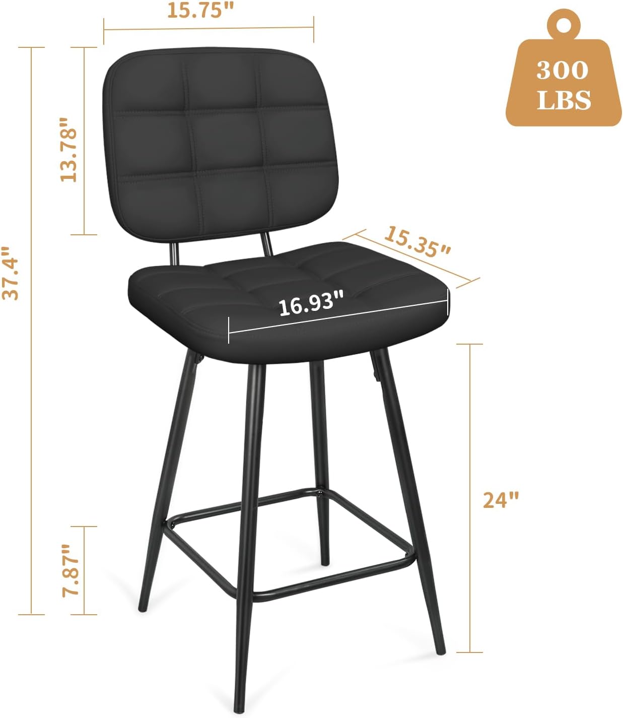 Bar Stools Set of 2, 24 Inch Upholstered Metal Barstool with Back and Footrest, Bar Chair with Metal Base for Dining Room Counter Island, Black