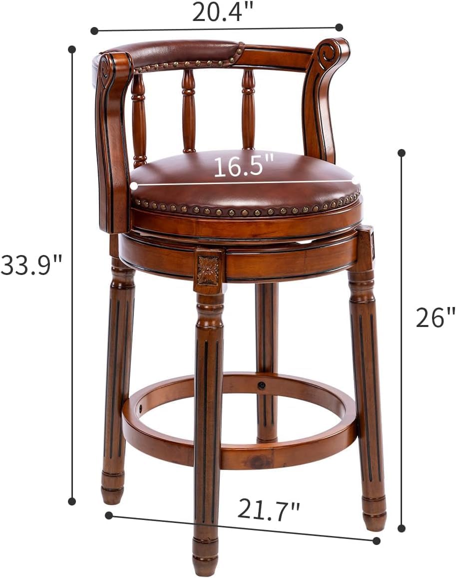 Cow top Leather Wooden Bar Stools, 360 Degree Swivel Bar Height Chair with Backs for Home Kitchen Counter, Morden Chair Barstools (Brown 2pcs, Counter Height-Seat Height 26”)
