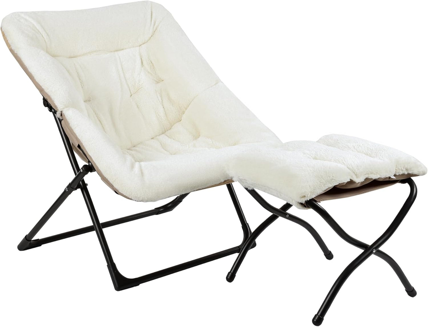Comfy Saucer Chair for Adults, Soft Faux Fur Bedroom Chair with Ottoman, Accent Dorm Chairs, Living Room Reading Chairs and Footstool, Folding Lounge Seat for Teens, X-Large, Beige