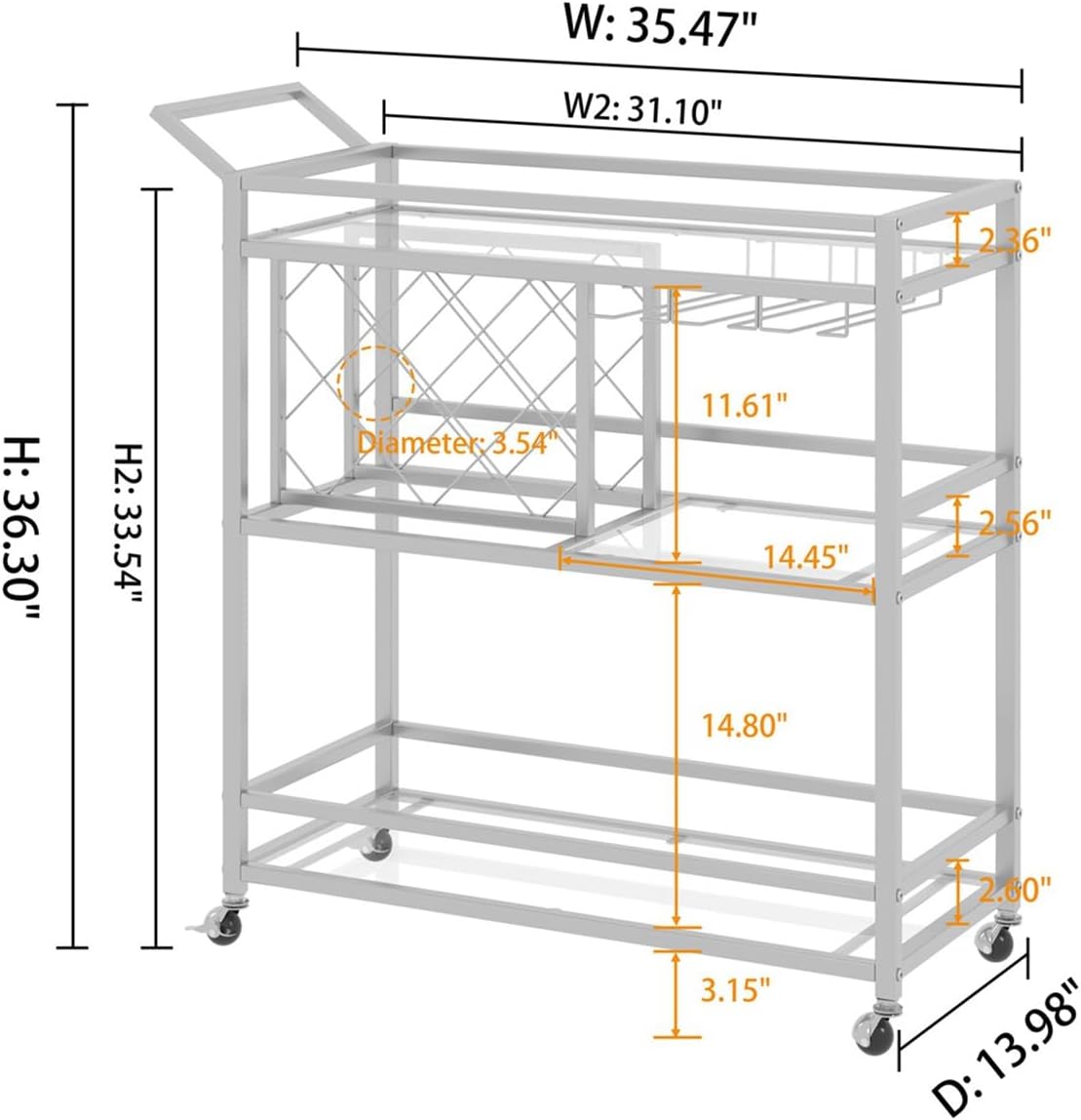 FATORRI Bar Cart Silver, Bar Carts for The Home, Home Bar Serving Carts for Liquor, Rolling Wine Cart with 3 Tier Mirrored Shelves on Wheels for Alcohol and Beverage (Silver)