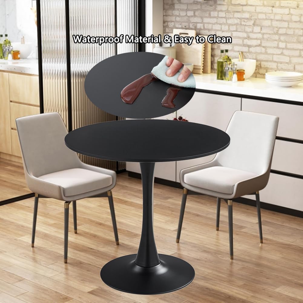 27.3" Tulip Dining Table, Black, Perfect for 2-4 People, Mid-Century Modern Style, Round MDF Top with Sturdy Base for Dining Room, Living Room, Cafe