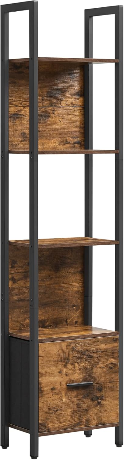 VASAGLE 5-Tier Bookshelf, Book Shelf with Drawer, Industrial Bookcase, with Steel Frame, for Living Room, Home Office, Bedroom, 9.4 x 15.7 x 65 Inches, Rustic Brown and Black ULLS146B01